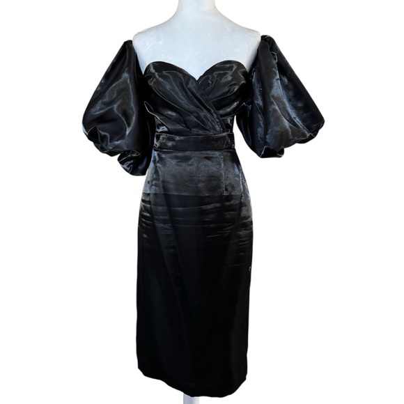 Beulah Style Black Off Shoulder Satin Midi Dress Puff Sleeves - Picture 3 of 16